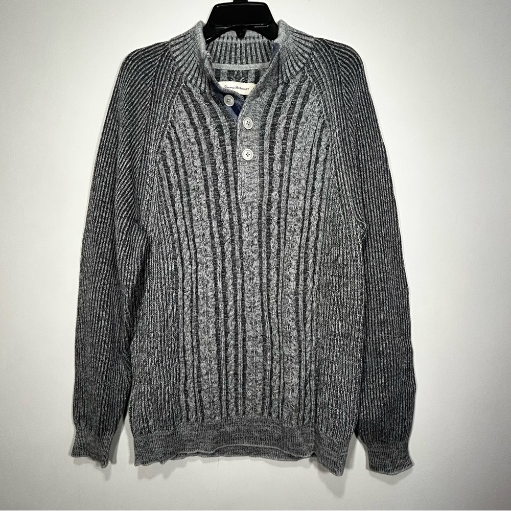 Tommy Bahama 100% Pima Cotton Sweater Size XL Thick Cable Knit 1/4 Button Gray